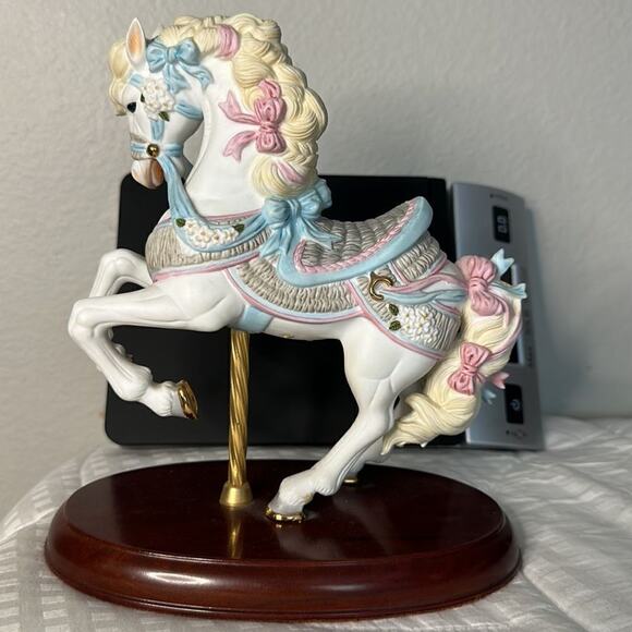 Lenox Porcelain Carousel Horse Collection Wood Base Pink Blue White 8” 1987 NOS
